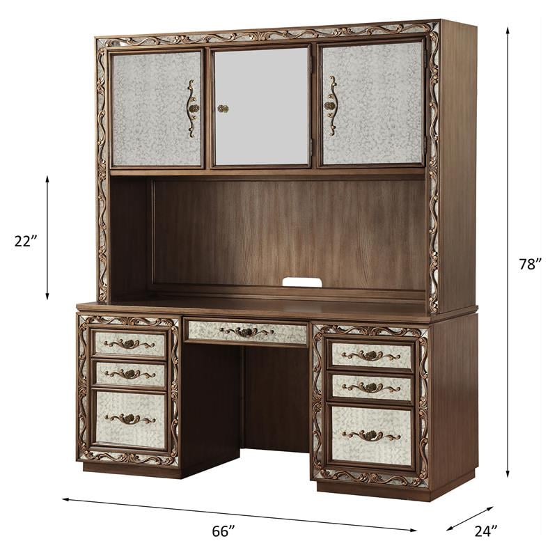 ACME Orianne Wooden 7-Drawer Computer Desk and Hutch in Antique Gold