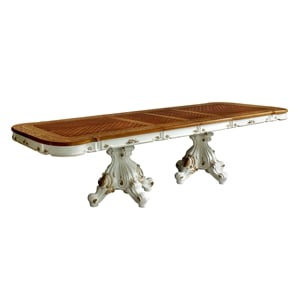 ACME Picardy Wood Double Pedestal Dining Table in Antique Pearl and Cherry Oak