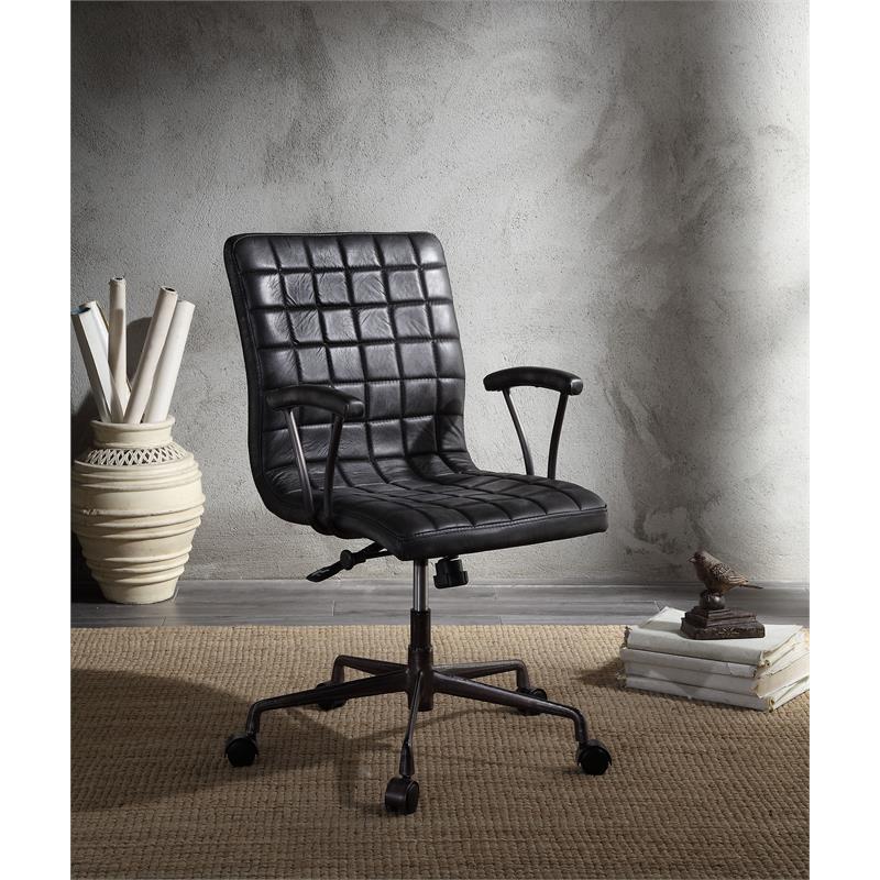 ACME Barack Tufted Leather Swivel Office Chair in Vintage Black and Aluminum