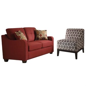 cozy 2 piece red loveseat and brown accent chair set