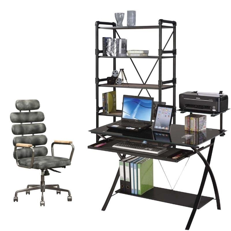 Rustic 3 Piece Computer Desk With Office Chair And Bookcase Set