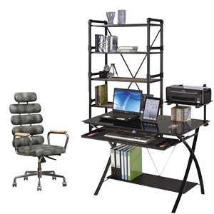 rustic 3 piece computer desk with office chair and bookcase set
