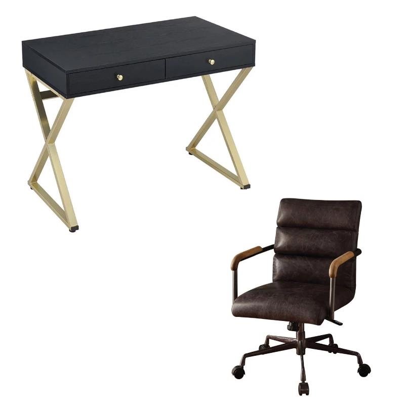 Modern 2 Piece Writing Desk and Rustic Leather Swivel Office Chair Set | BushFurnitureCollection.com