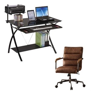 erma 2 piece computer desk and rustic leather swivel office chair set