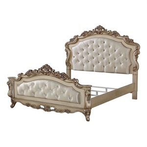 acme gorsedd eastern king bed in cream fabric and antique white