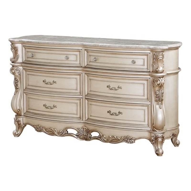 Acme Gorsedd 6-Drawer Wooden Dresser with Marble Top in Golden Ivory