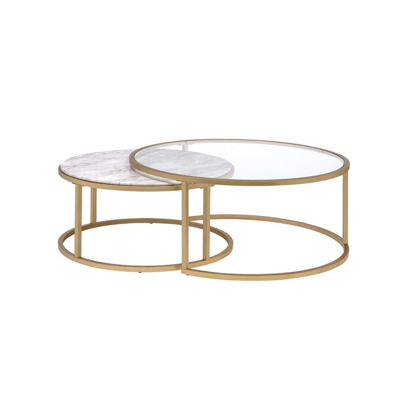 ACME Shanish 2-Piece Round Faux Marble Top Coffee Table Set in Gold and Clear