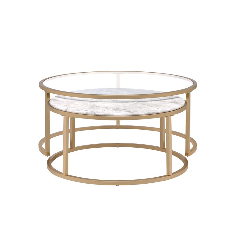 ACME Shanish 2-Piece Round Faux Marble Top Coffee Table Set in Gold and Clear