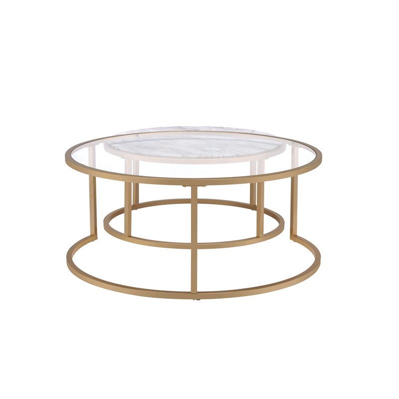 ACME Shanish 2-Piece Round Faux Marble Top Coffee Table Set in Gold and Clear