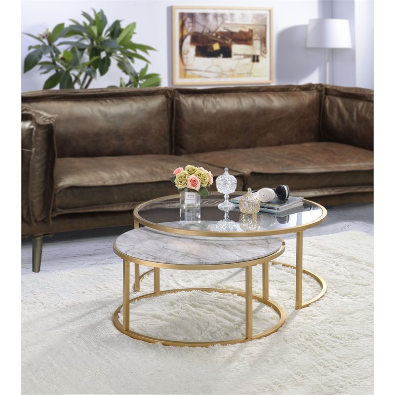 ACME Shanish 2-Piece Round Faux Marble Top Coffee Table Set in Gold and Clear