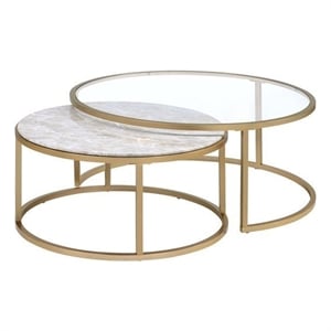 acme shanish 2pc pack coffee table set in faux marble and gold
