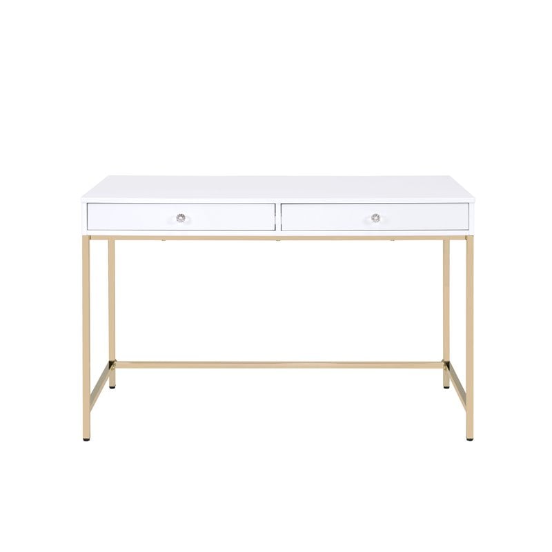 ACME Ottey Wooden Top Writing Desk with 2 Drawers in White High Gloss and Gold
