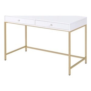 ACME Ottey Wooden Top Writing Desk with 2 Drawers in White High Gloss and Gold