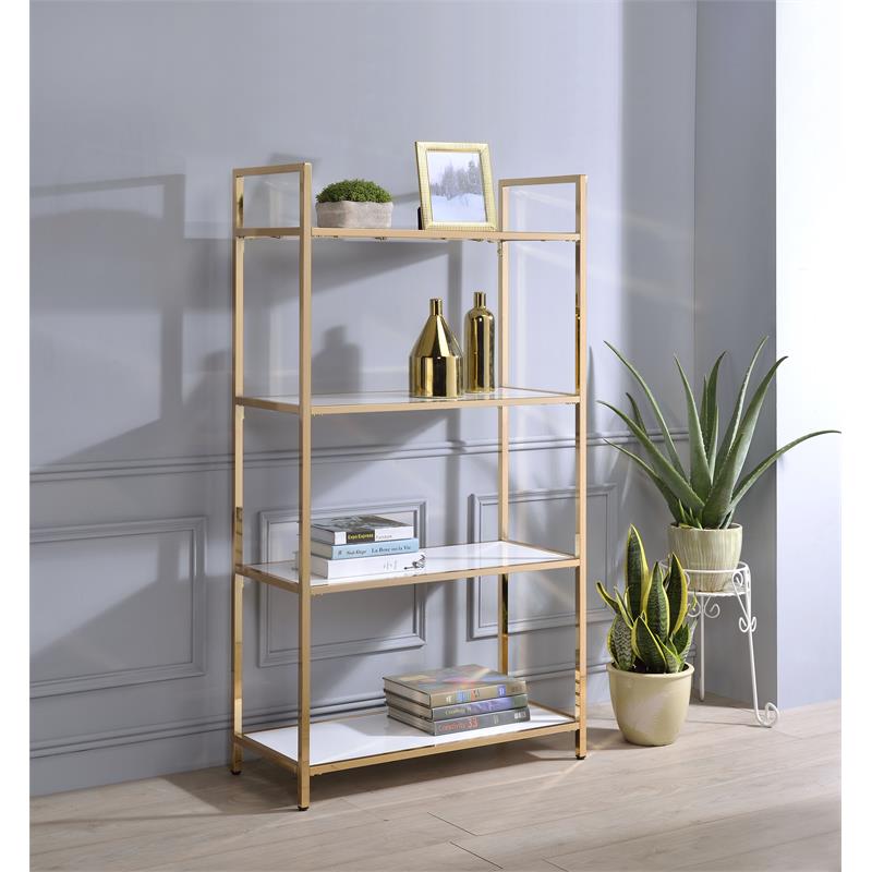 ACME Furniture Ottey 4-Shelf Rectangular Wood & Metal Bookshelf in White/Gold