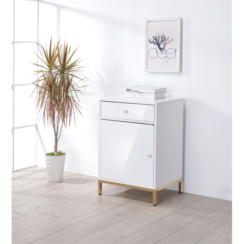 ACME Ottey Engineered Wood 1-Drawer Cabinet in White High Gloss and Gold