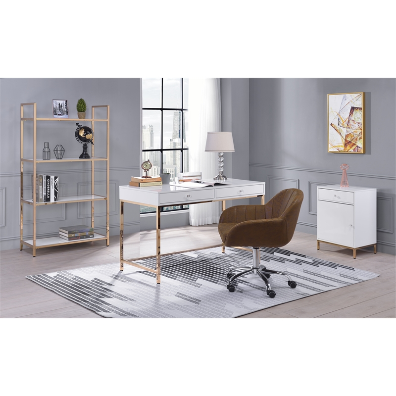 ACME Ottey Engineered Wood 1-Drawer Cabinet in White High Gloss and Gold