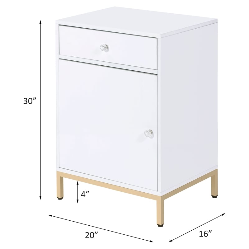 ACME Ottey Engineered Wood 1-Drawer Cabinet in White High Gloss and Gold