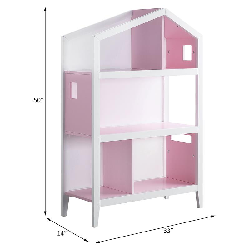 ACME Furniture Doll Cottage 3-Shelf Farmhouse Wood Bookcase in White and Pink