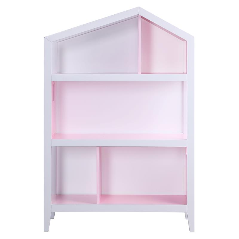 ACME Furniture Doll Cottage 3-Shelf Farmhouse Wood Bookcase in White and Pink