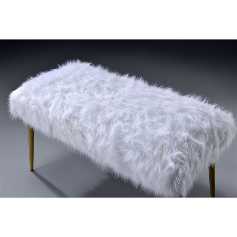 ACME Bagley II Faux Fur Upholstered Bench with Metal Legs in White and Gold