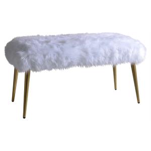 acme bagley ii faux fur upholstered bench with metal legs in white and gold