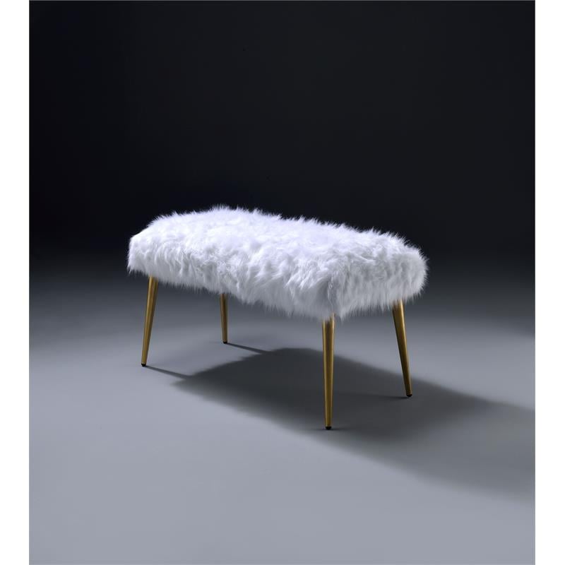 ACME Bagley II Faux Fur Upholstered Bench with Metal Legs in White and Gold