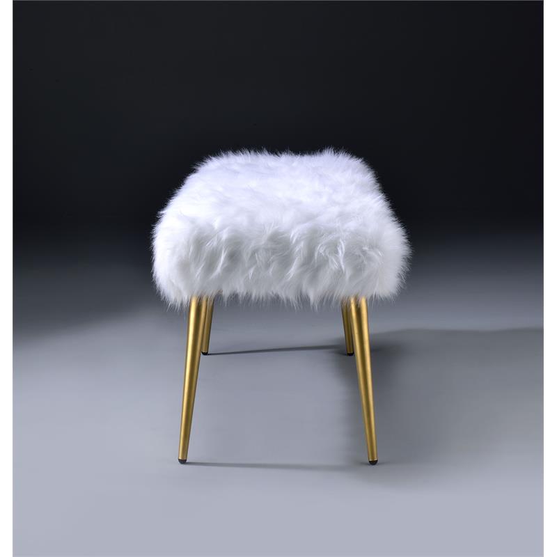 ACME Bagley II Faux Fur Upholstered Bench with Metal Legs in White and Gold