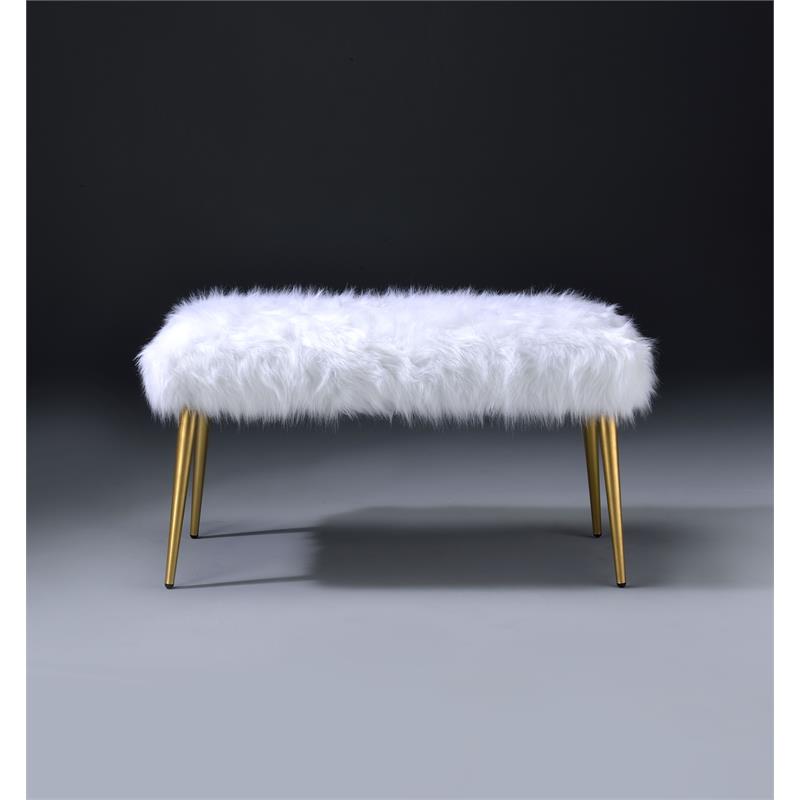ACME Bagley II Faux Fur Upholstered Bench with Metal Legs in White and Gold
