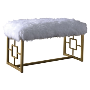 acme bagley ii faux fur upholstered bench with metal sled base in white and gold