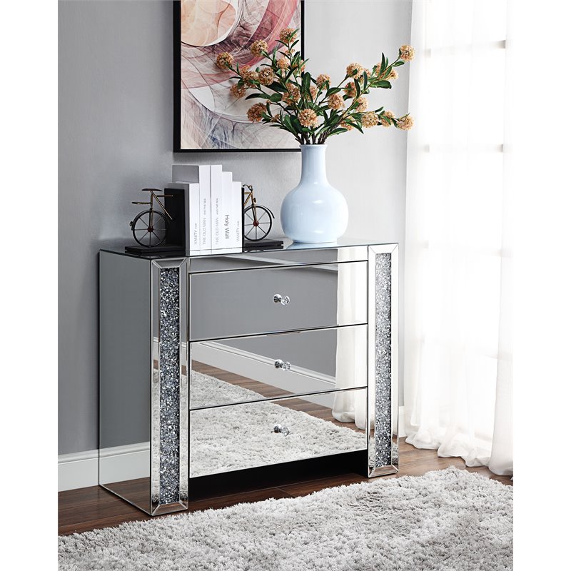 ACME Noralie 3-Drawer Console Table in Mirrored and Faux Diamonds