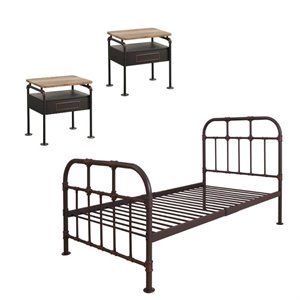 nicipolis 3 piece bedroom with metal bed and set of 2 nightstand in rustic gray