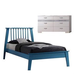 marlton 2 piece set with queen bed in blue and 6 drawer dresser in white