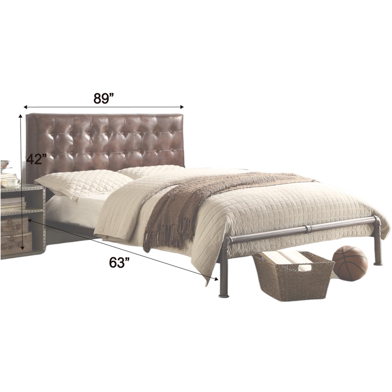 ACME Brancaster Tufted Leather Queen Bed in Vintage Brown