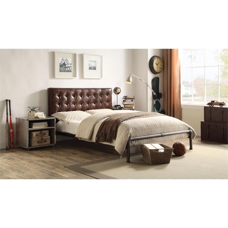 ACME Brancaster Tufted Leather Queen Bed in Vintage Brown