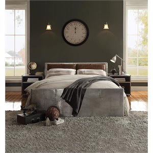 ACME Brancaster Leather Queen Platform Bed with Storage in Retro Brown and Gray