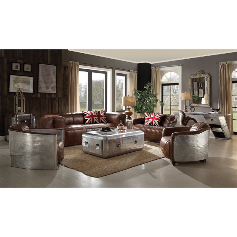 ACME Brancaster Leather Loveseat in Retro Brown and Gray
