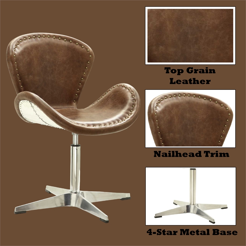 ACME Brancaster Leather Upholstery Accent Chair in Retro Brown and Aluminum