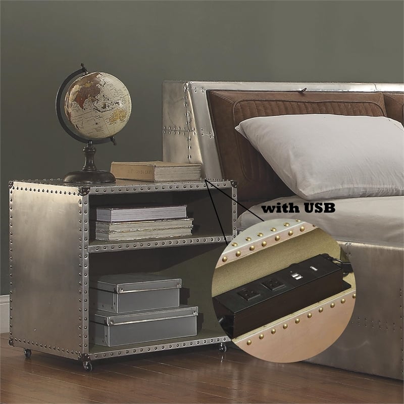 ACME Brancaster Nightstand with Nailhead Trim in Gray