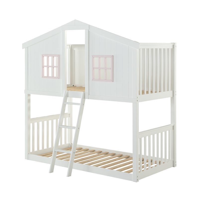 ACME Rohan Cottage Twin over Twin Bunk Bed in White & Pink | Cymax Business