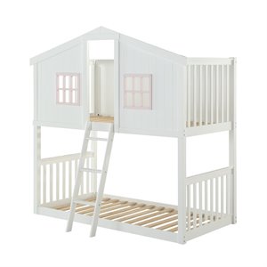acme rohan cottage twin over twin bunk bed in white & pink
