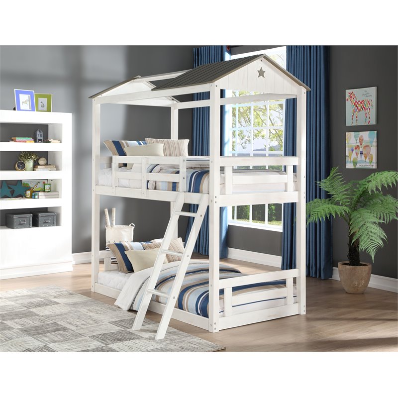 ACME Nadine Cottage Twin over Twin Bunk Bed in Weathered White & Gray