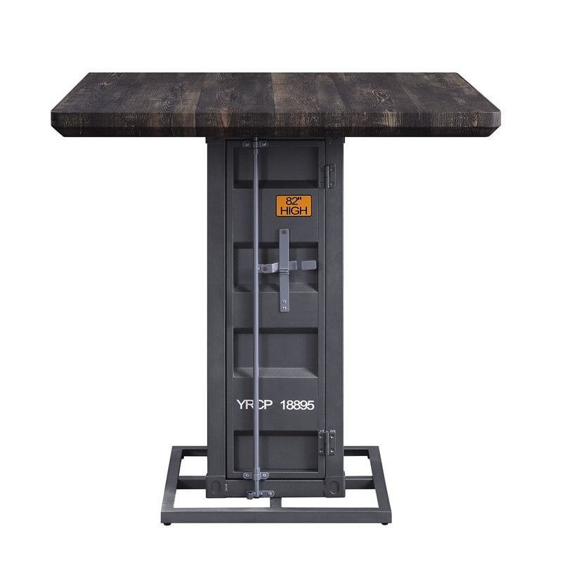 ACME Cargo Square Counter Height Table in Antique Walnut Wood and Gunmetal Metal