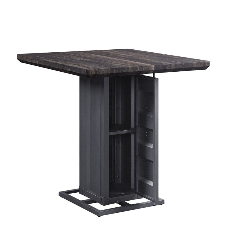 ACME Cargo Square Counter Height Table in Antique Walnut Wood and Gunmetal Metal