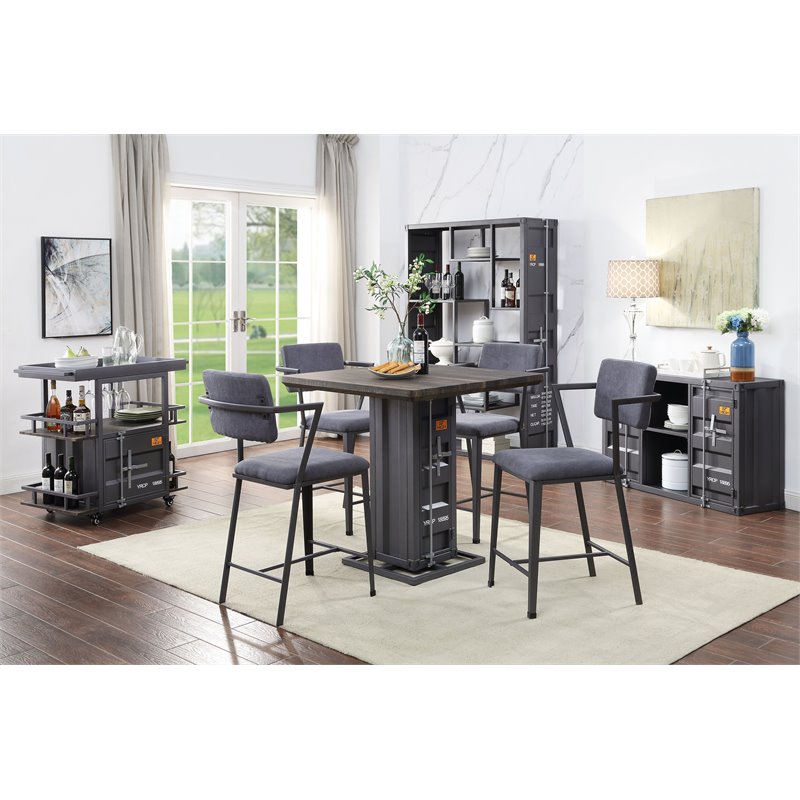 ACME Cargo Square Counter Height Table in Antique Walnut Wood and Gunmetal Metal