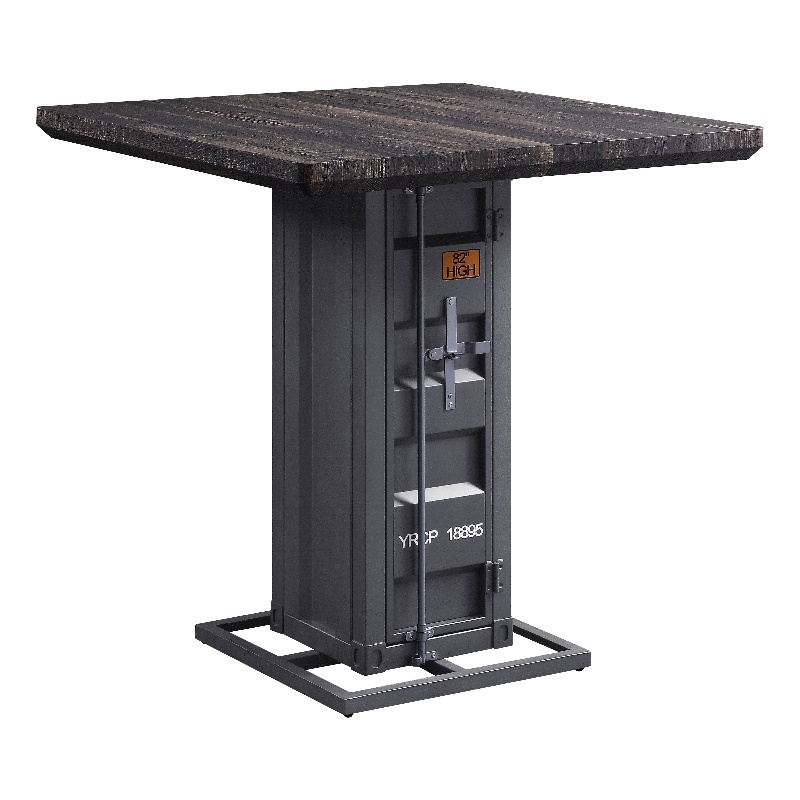 ACME Cargo Square Counter Height Table in Antique Walnut Wood and Gunmetal Metal