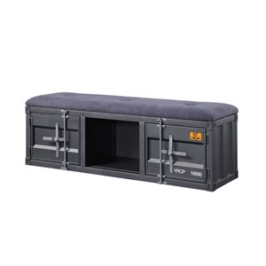 acme cargo storage bedroom bench in gray fabric & gunmetal