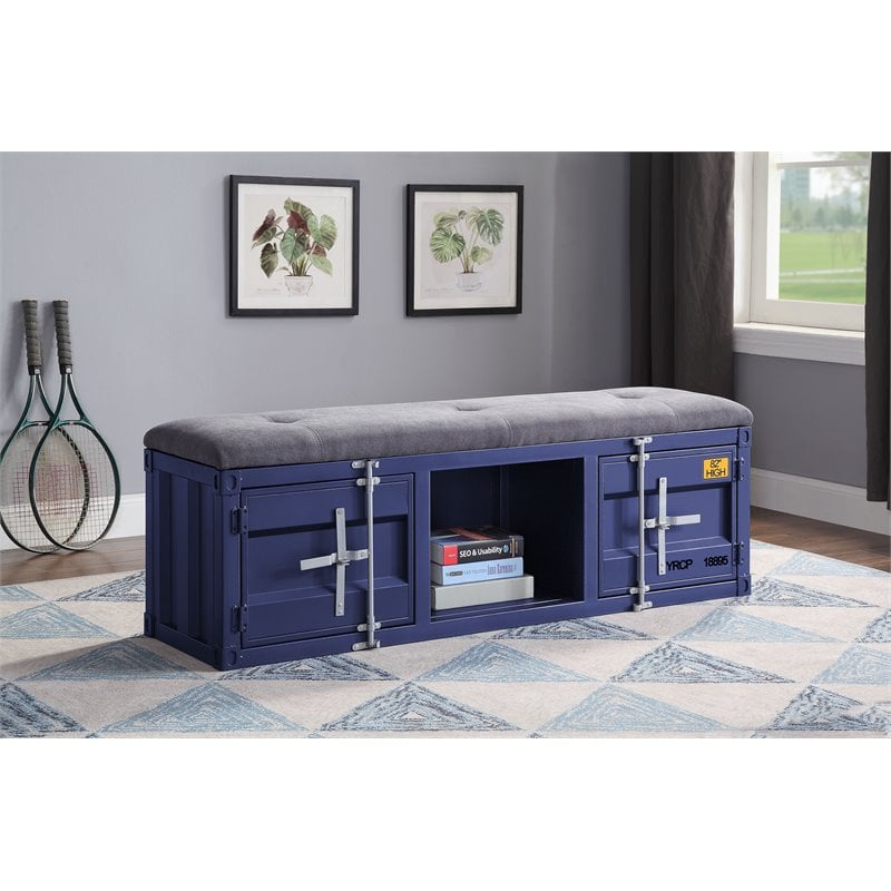 ACME Cargo Storage Bedroom Bench in Gray Fabric & Blue