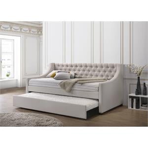 acme lianna tufted upholstered twin daybed and trundle in beige and fog fabric
