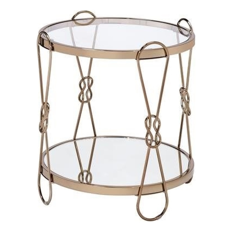 ACME Zekera Round Mirrored Top End Table with Metal Tube in Mirrored and Gold