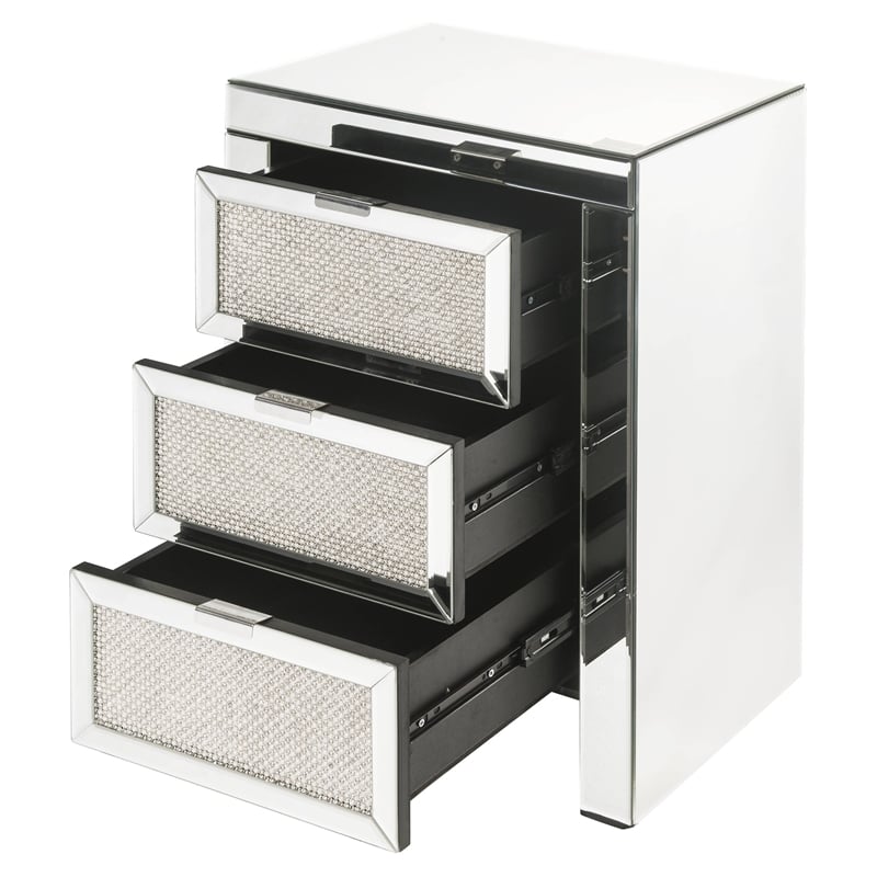 ACME Noralie Glass Nightstand with 3 Drawers in Mirrored and Faux Diamonds